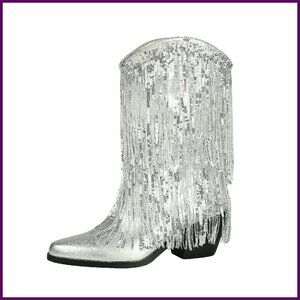 Women's Leather-Like Western Booties with Tassels & Sequins, Thick Heel